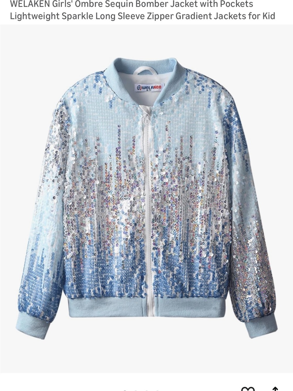 WELAKEN Girls' Ombre Sequin Bomber Jacket - Light Blue